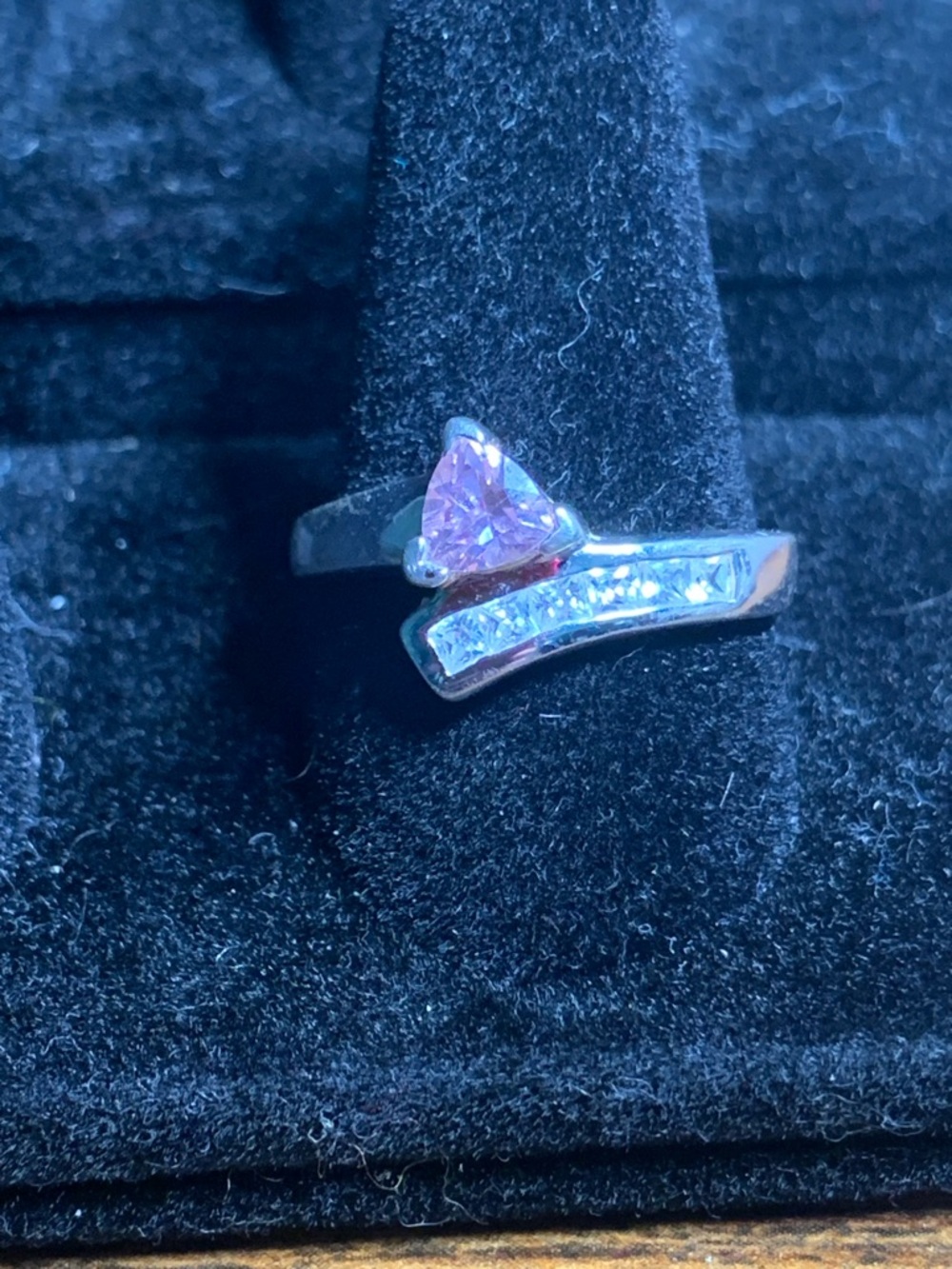 Silver Ring with Pink Triangle Gem and Clear Accent Stones